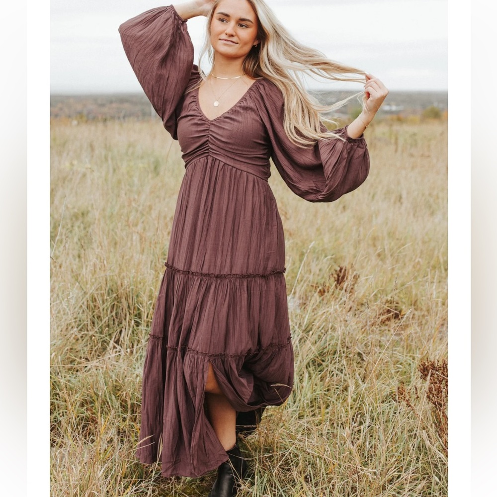 BROWN/PURPLE V NECK BOWKNOT CUTOUT FRILL TIERED MAXI DRESS